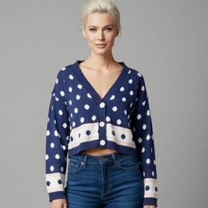 Vtg 80s Basic Outlook navy pink white polka dots  stripes cropped cardigan M-XL